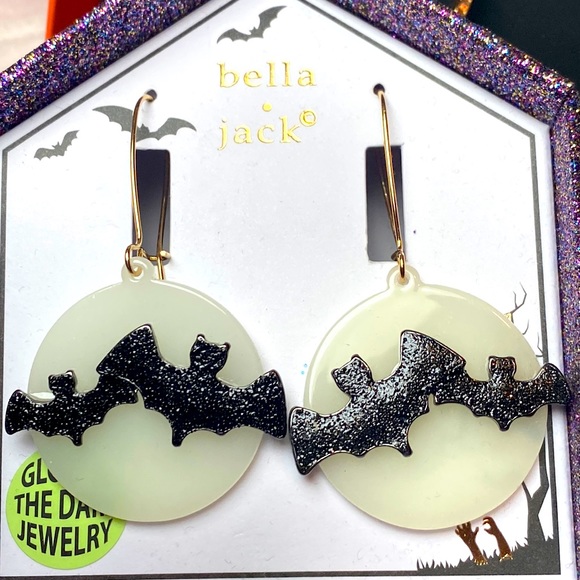 Bella Jack Bat Earrings Halloween Flying Moon Glow in the Dark 2.3” Chandelier - Picture 2 of 8